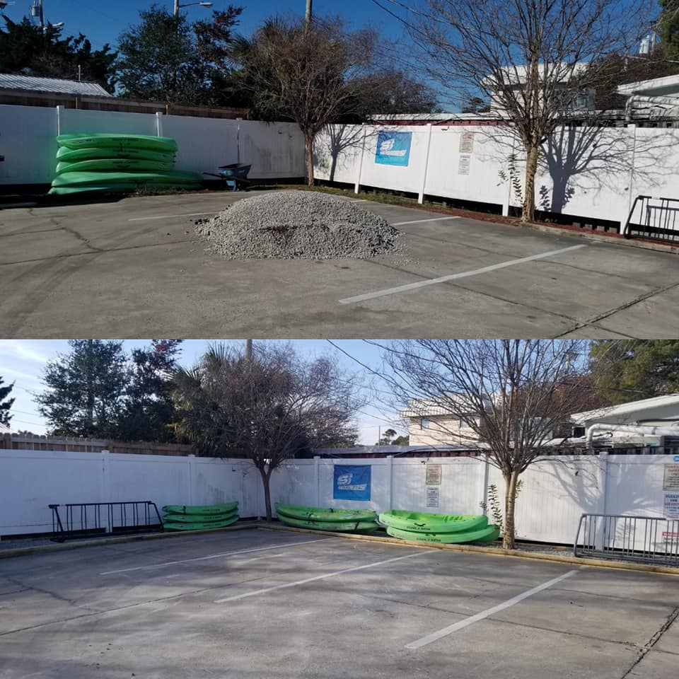 Installed timbers, weed barrier, 57 stone at Bike Doctor of the Carolinas Cherry Grove,SC 29582